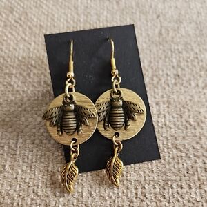 Gold Bee Drop Earrings with Leaf Charm - Women Jewelry